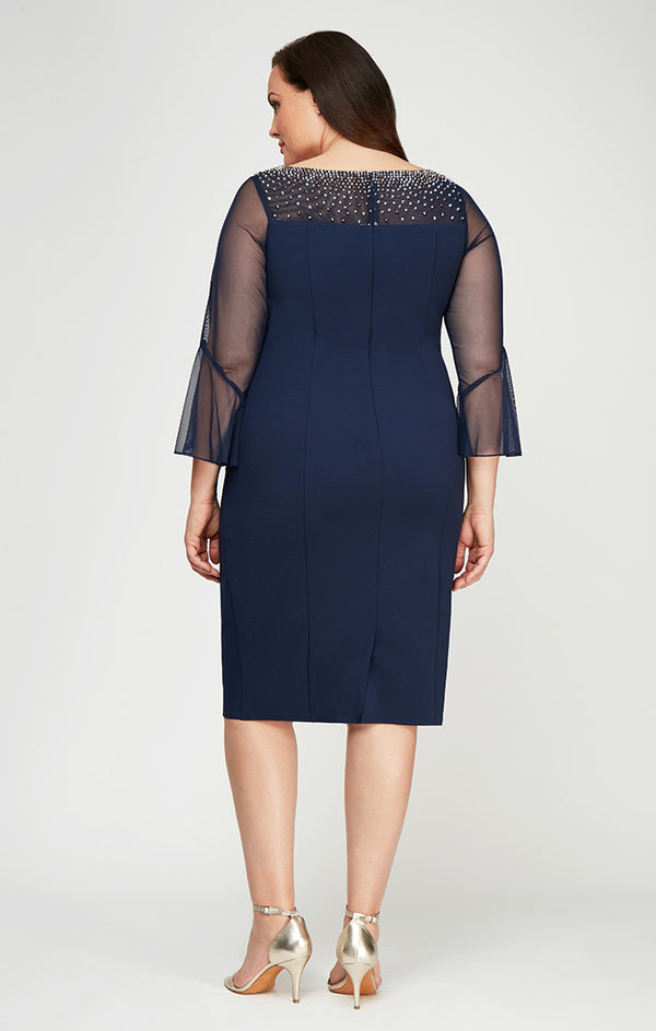 Navy Silver Bateau Knee-Length Crepe Formal Dress with Beaded Illusion Flare Sleeves Alex Evenings 8460208