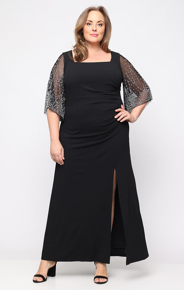 Black Square Neck Floor-Length Evening Gown with Beaded Flutter Sleeves Alex Evenings 8460526