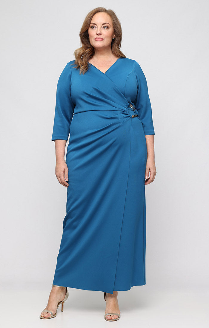 Teal V-Neck Floor-Length Jersey Formal Dress with Ruched Waist Plus Size Alex Evenings 8460611