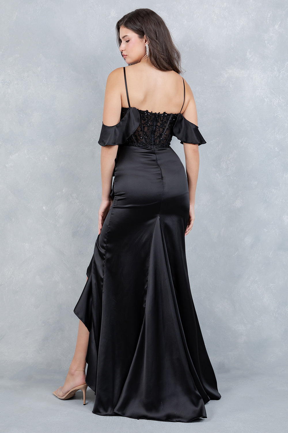 Prom Dresses Long Formal Floral Lace Ruffle Prom Dress Cinderella Couture 8461J Black