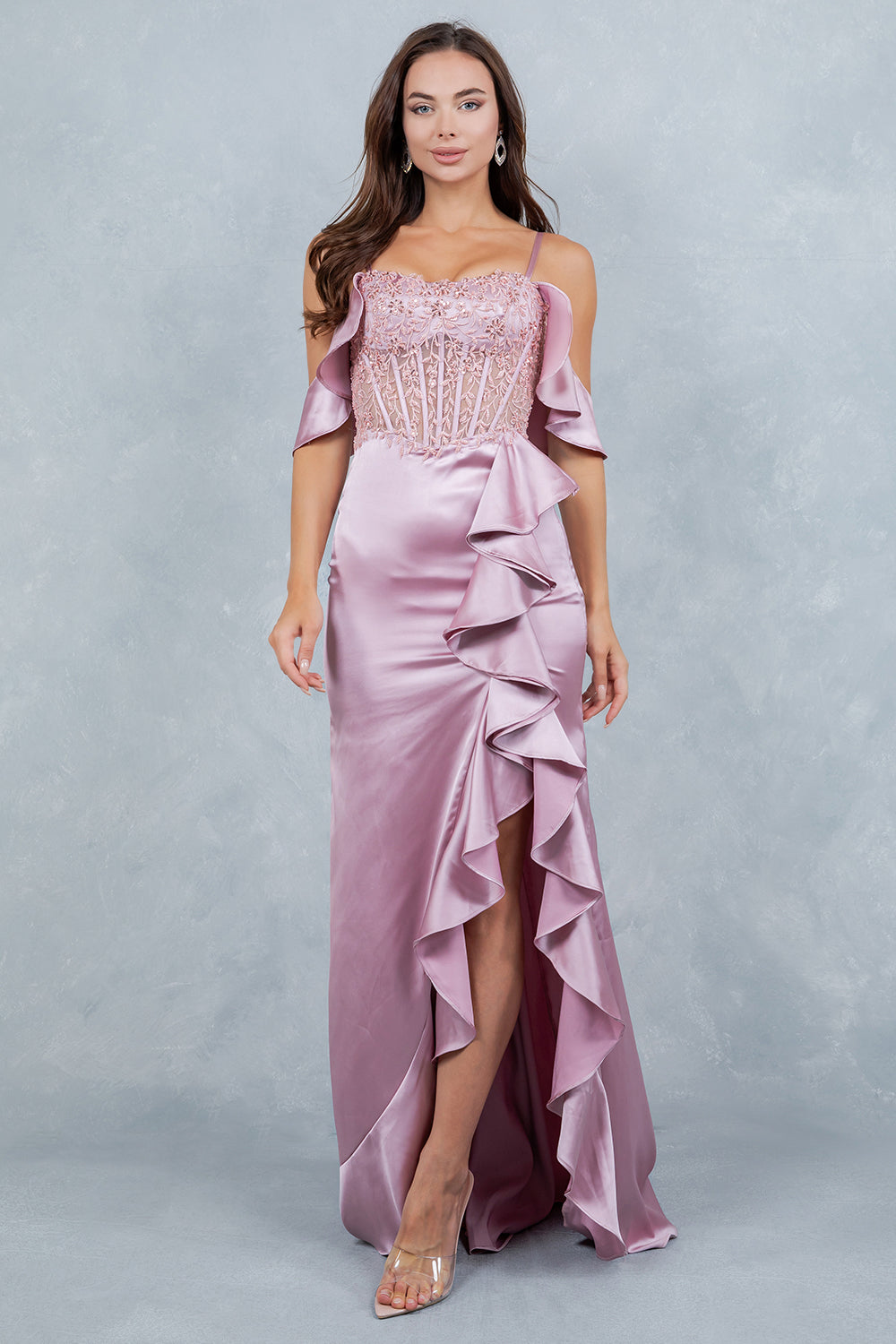 Prom Dresses Long Formal Floral Lace Ruffle Prom Dress Cinderella Couture 8461J Rose