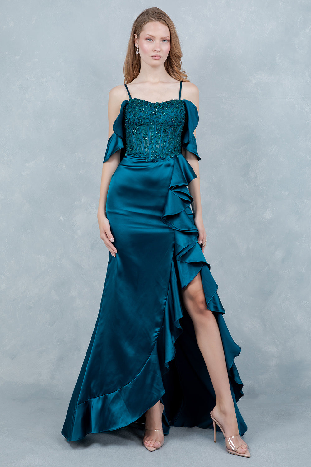 Prom Dresses Long Formal Floral Lace Ruffle Prom Dress Cinderella Couture 8461J Teal