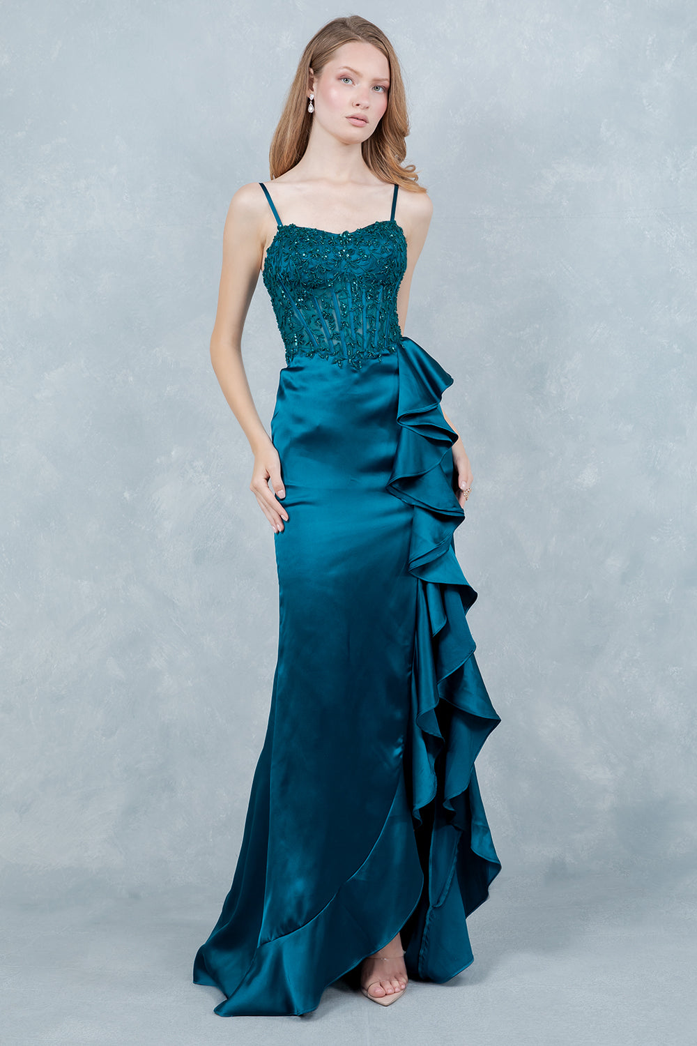 Prom Dresses Long Formal Floral Lace Ruffle Prom Dress Cinderella Couture 8461J Teal