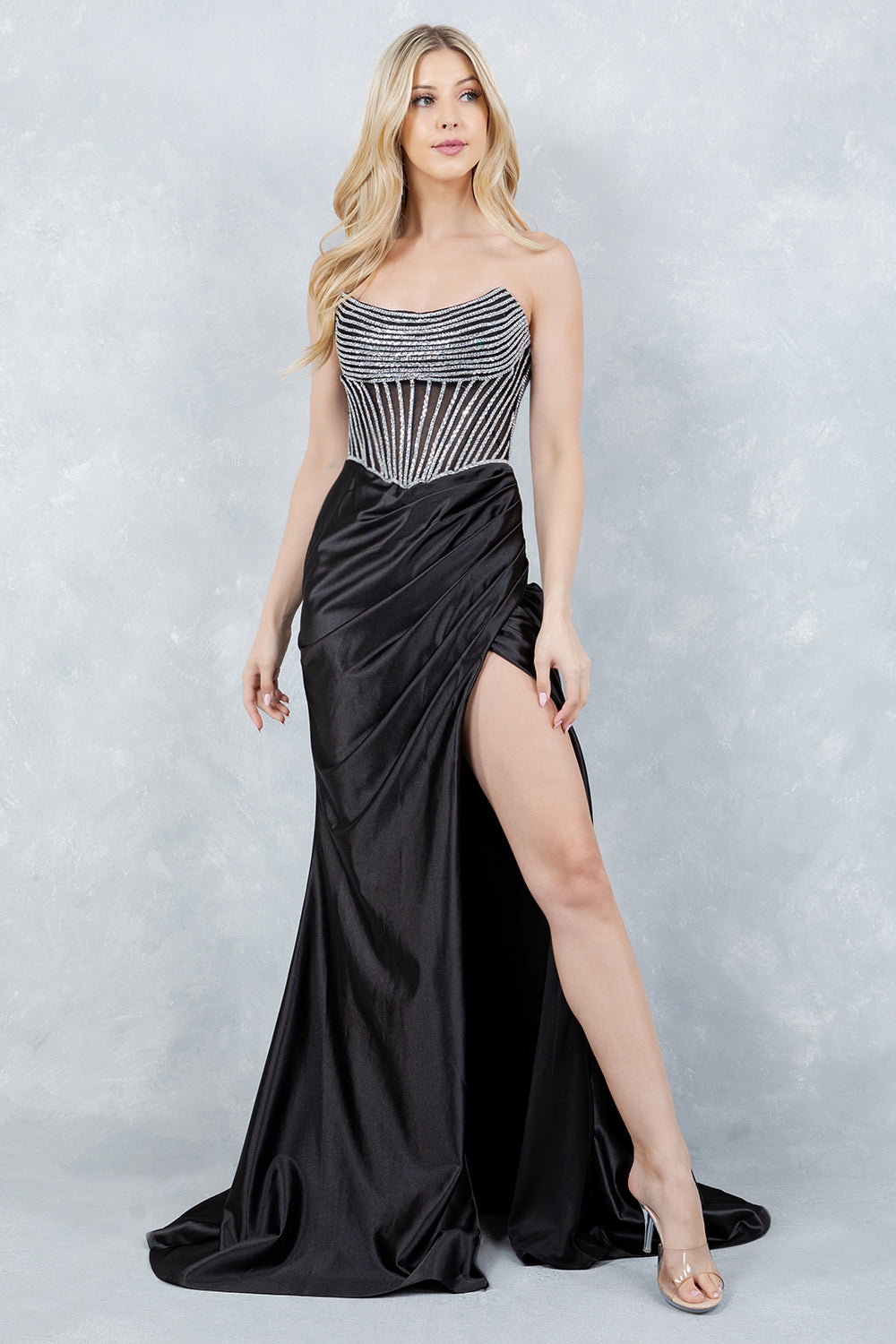 Prom Dresses Long Formal Lace Applique Pleated Prom Dress Cinderella Couture 8473J Black/Silver