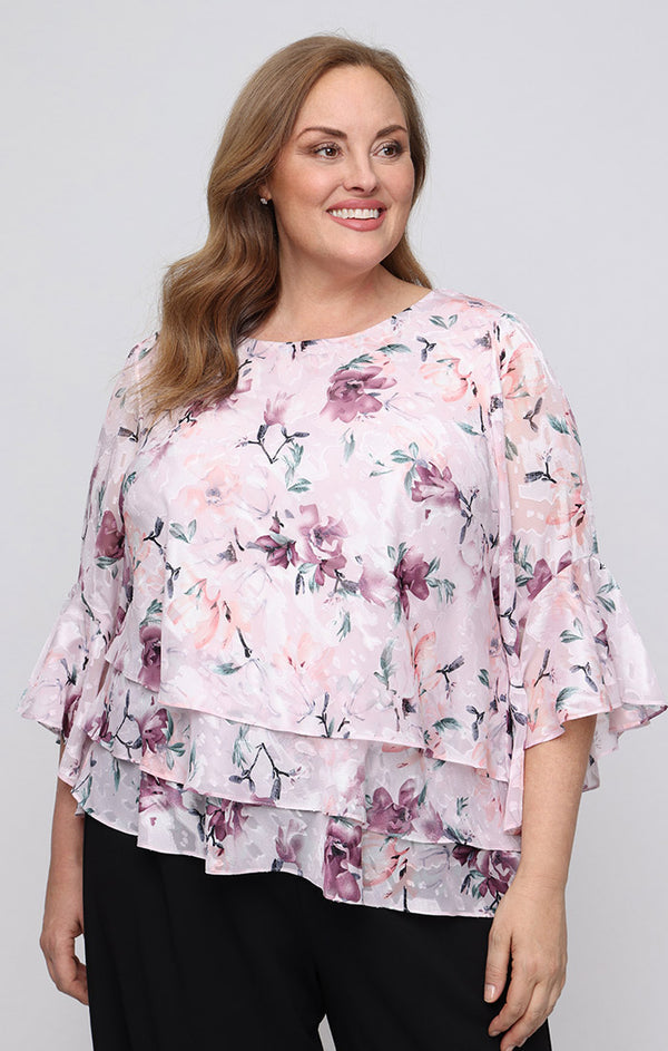Blush Multi Scoop Neck Hip-Length Chiffon Floral Formal Top Bell Sleeve Blouse Alex Evenings 84751014