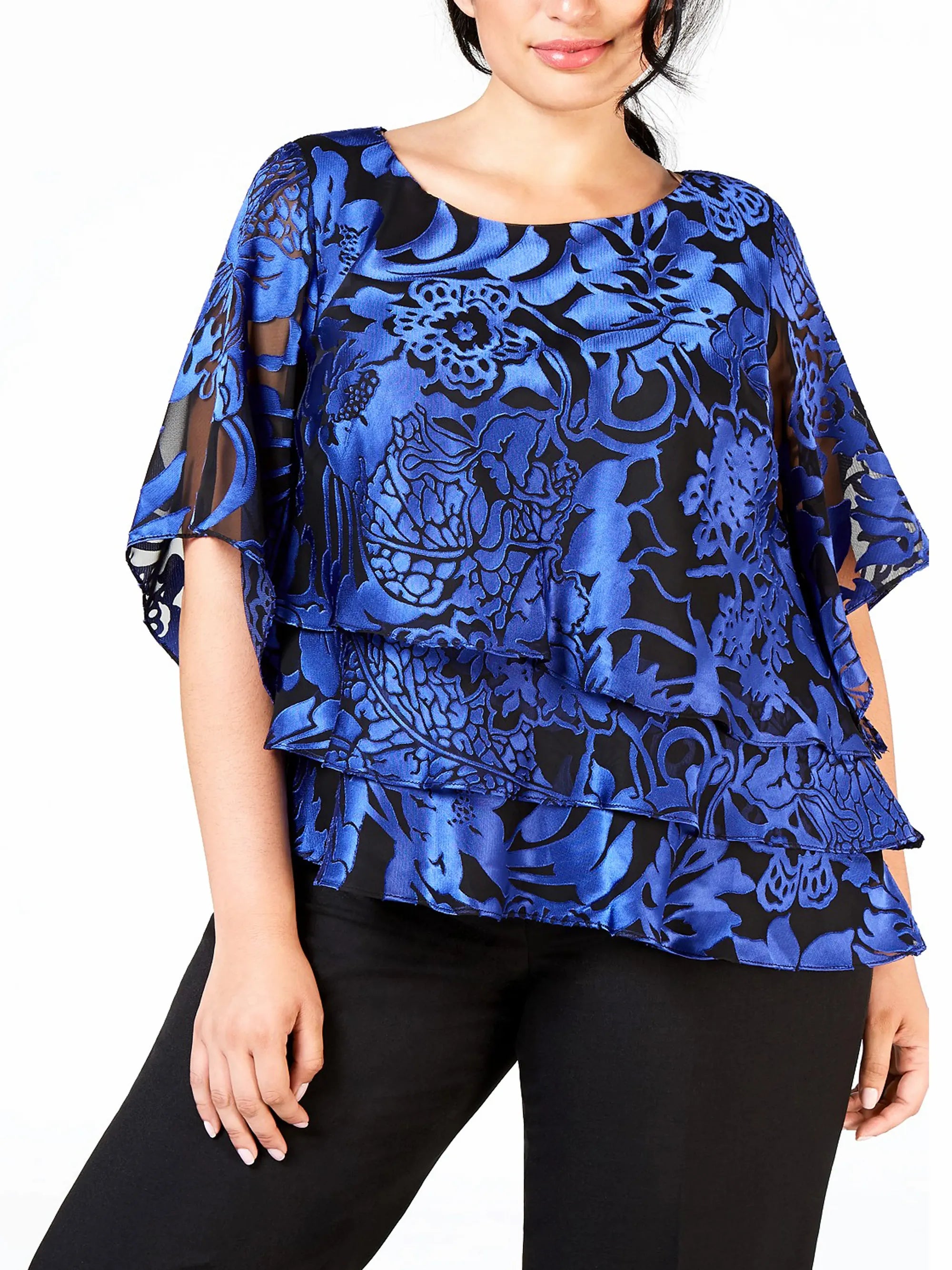 Black/Royal Scoop Neck Hip Length Floral Formal Top Burnout Alex Evenings 8475687