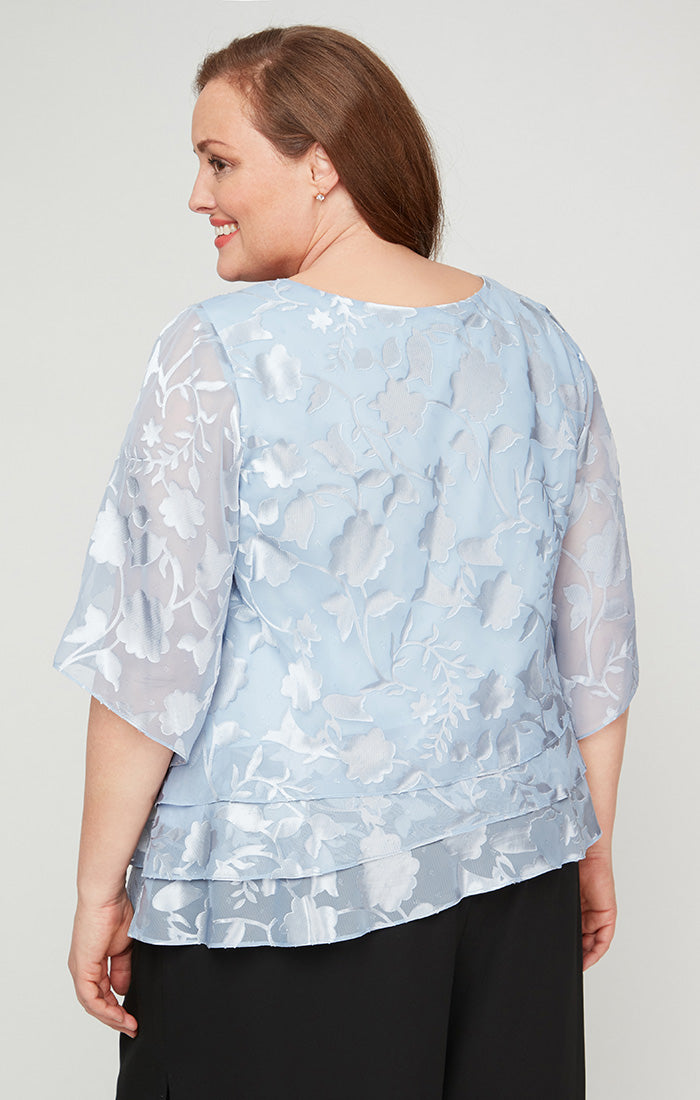Hydrangea Scoop-Neck Full-Length Floral Chiffon Evening Top with Layered Tier Hem Plus Size Alex Evenings 8475812