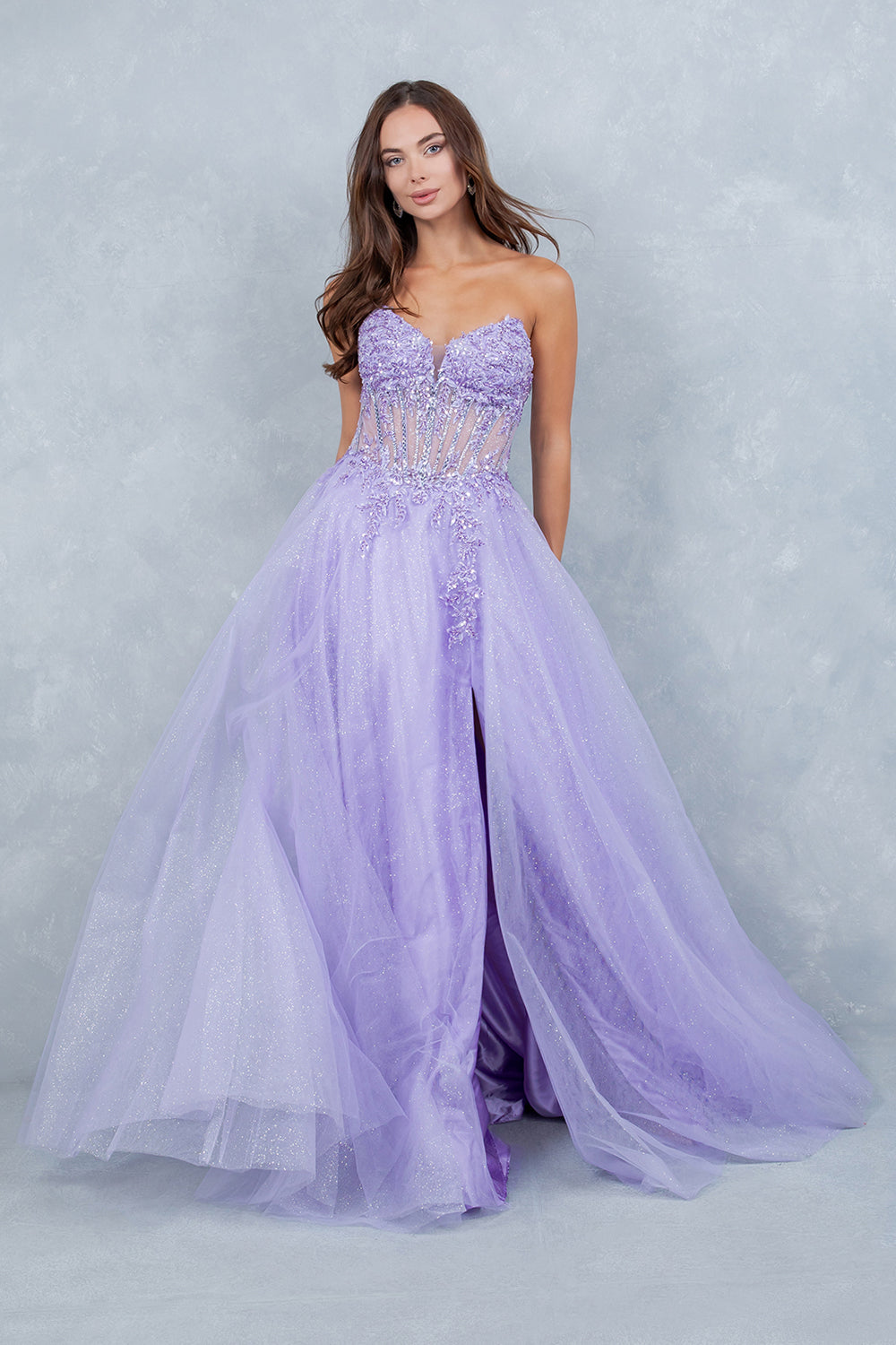 Prom Dresses Long Floral Lace Corset A Line Formal Glitter Slit Prom Dress Cinderella Couture 8476J Lilac