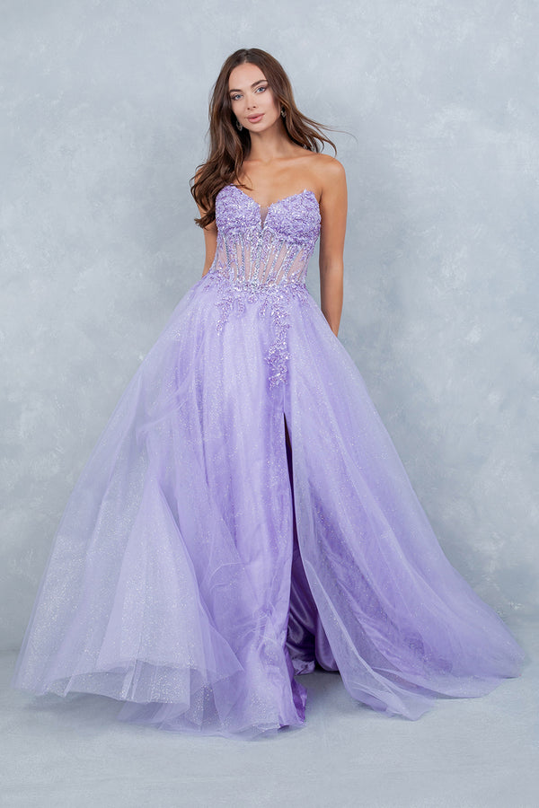 Long Floral Lace Corset A Line Formal Glitter Slit Prom Dress Cinderella Couture 8476J