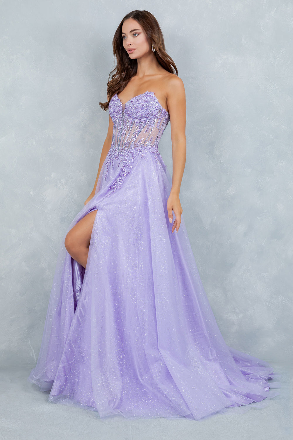 Prom Dresses Long Floral Lace Corset A Line Formal Glitter Slit Prom Dress Cinderella Couture 8476J Lilac