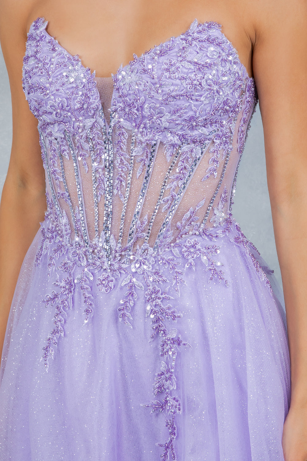 Prom Dresses Long Floral Lace Corset A Line Formal Glitter Slit Prom Dress Cinderella Couture 8476J Lilac