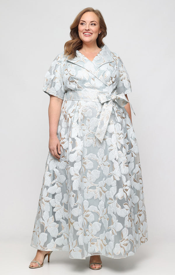 Ice Blue Collared V-Neck Floor-Length Jacquard Plus Size A-Line Dress with Tie Waist Alex Evenings 8481278
