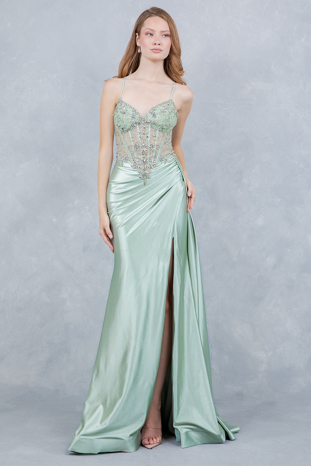 Prom Dresses Long Formal Beaded Corset Prom Dress Cinderella Couture 8483J Sage