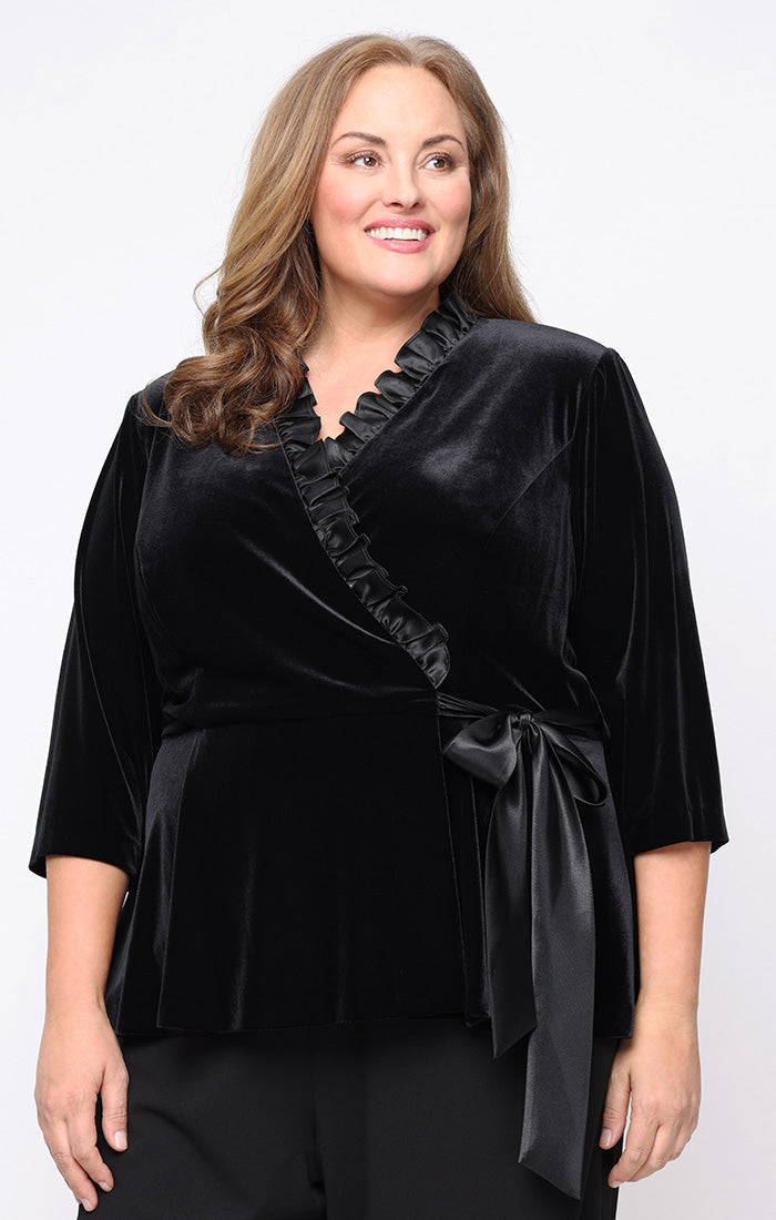 Top Plus Size Velvet Blouse Ruffle Top BLACK