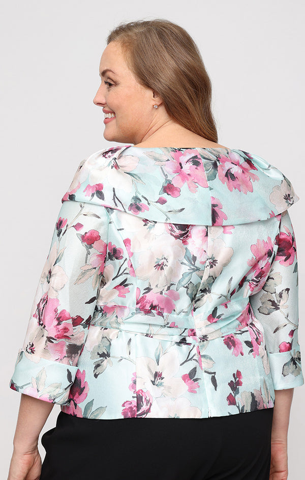 Mint Multi V-Neck Floral Chiffon Wrap Top with Belted Waist and 3/4 Sleeves Alex Evenings 8492032