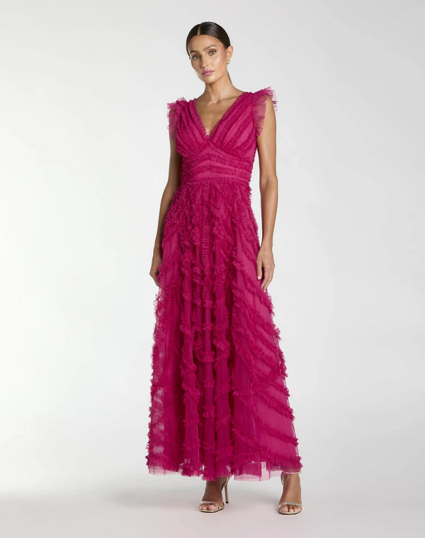 V-Neck Long Tulle Gown by Mac Duggal 8498