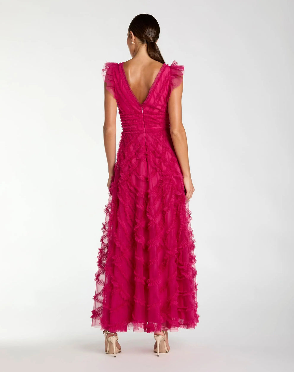 V-Neck Long Tulle Gown by Mac Duggal 8498 in Fuchsia
