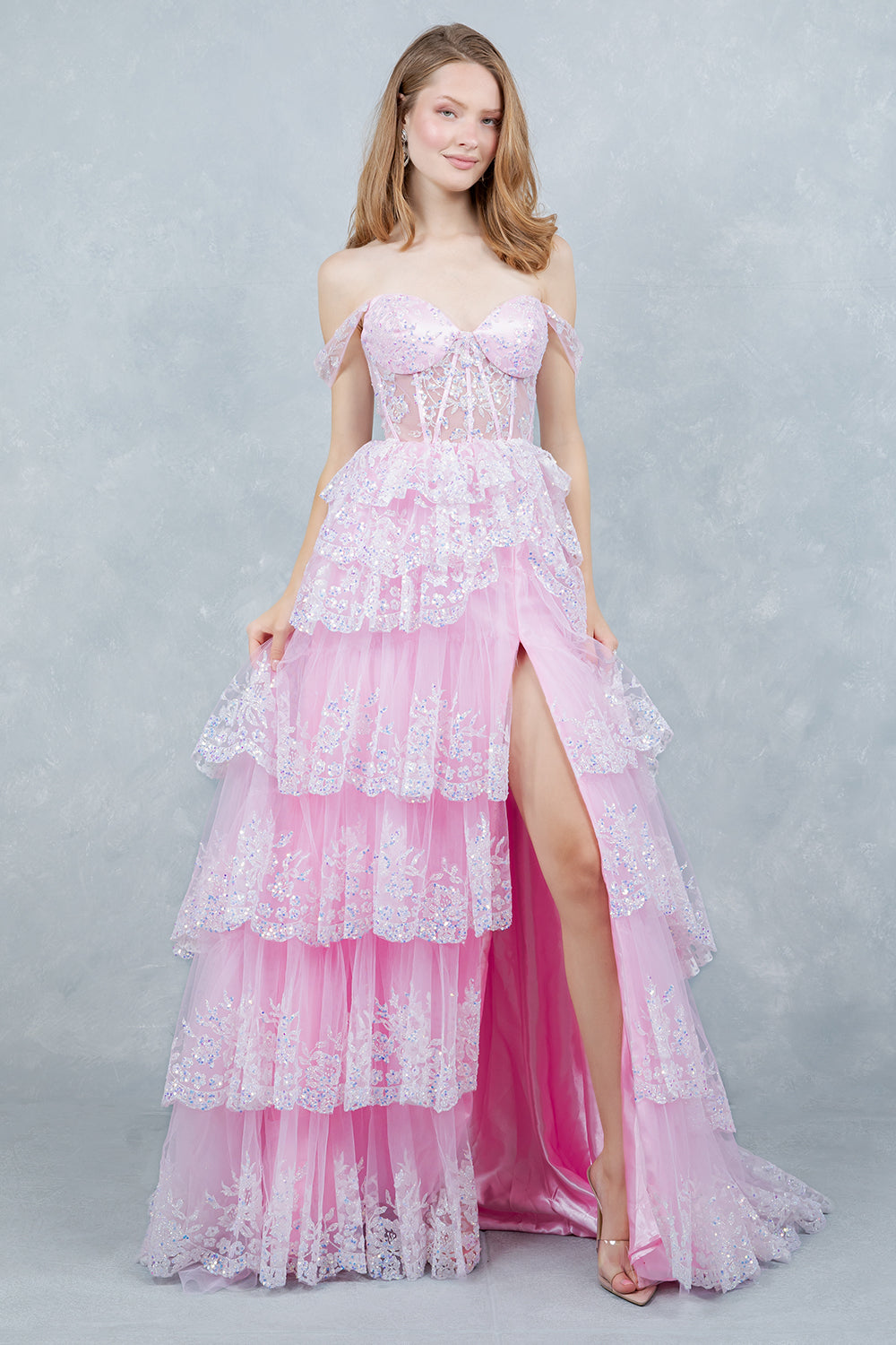 Prom Dresses Long Formal Ruffle Lace Applique Prom Dress Cinderella Couture 8499J Ab Pink