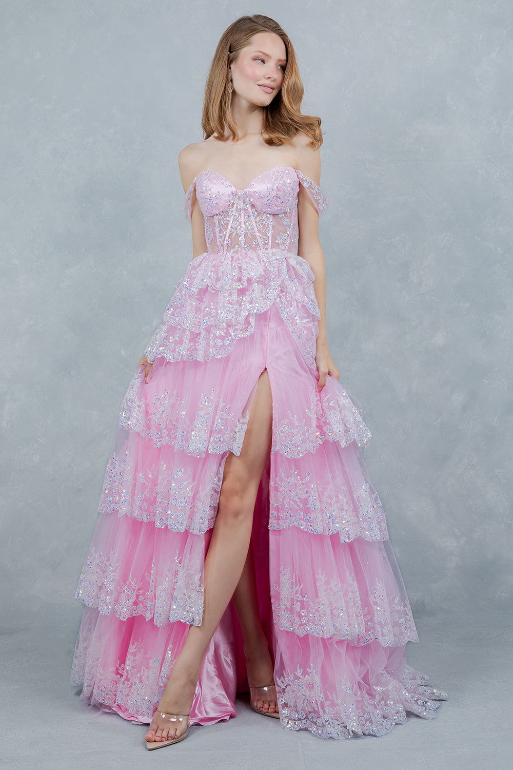 Prom Dresses Long Formal Ruffle Lace Applique Prom Dress Cinderella Couture 8499J Ab Pink