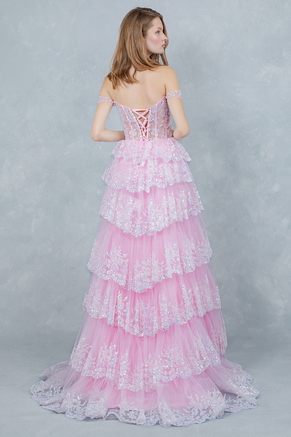 Prom Dresses Long Formal Ruffle Lace Applique Prom Dress Cinderella Couture 8499J Ab Pink