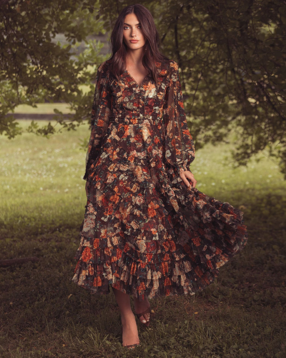 V-Neck Midi Chiffon Cocktail Fit & Flare Mac Duggal 8509