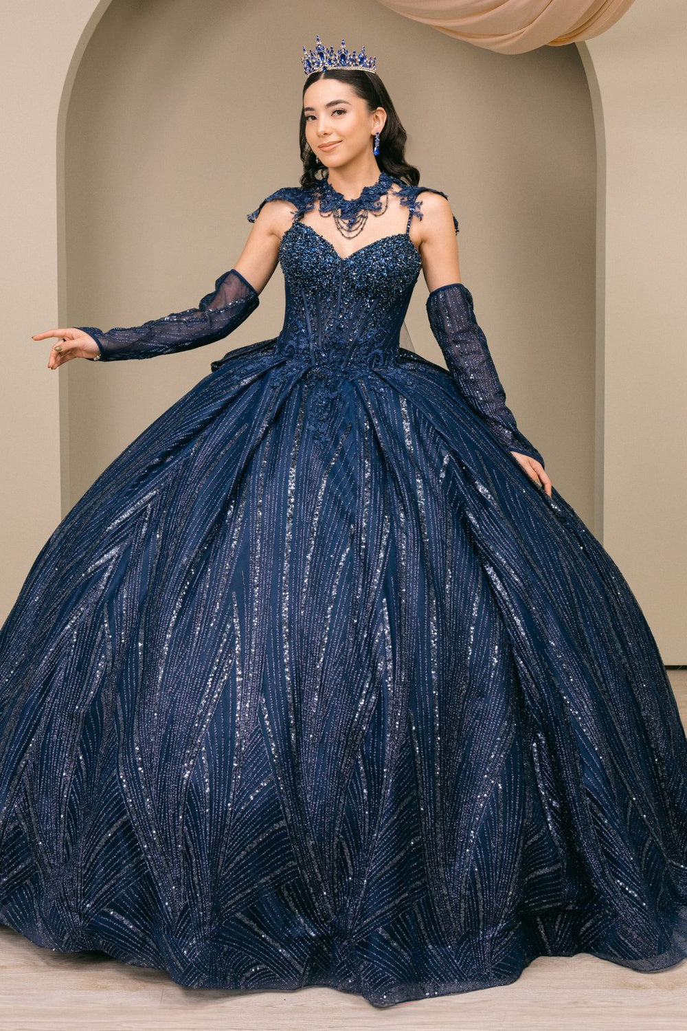 Quinceniera Dresses Long Cape Ball Gown Beaded Corset Quinceanera Dress Cinderella Couture 8510JQ Navy