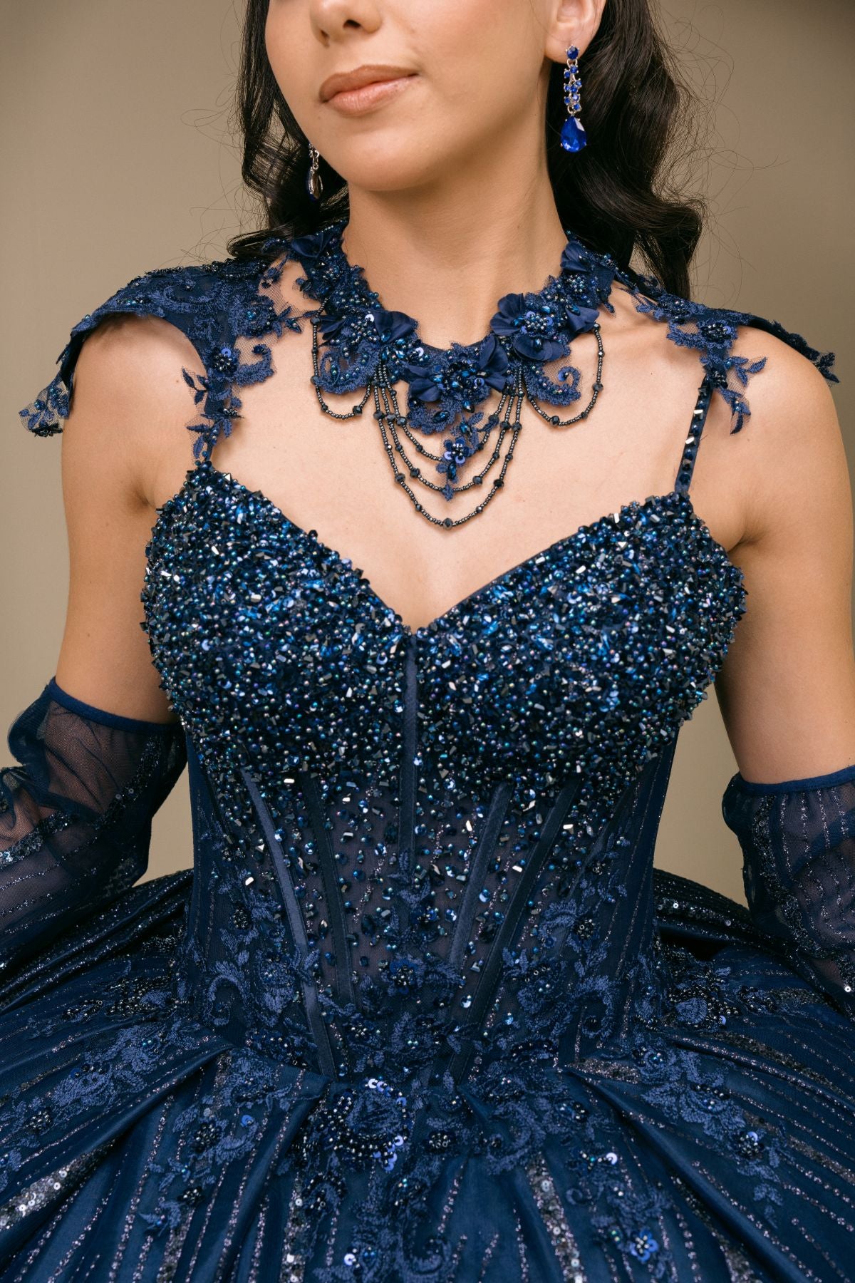 Quinceniera Dresses Long Cape Ball Gown Beaded Corset Quinceanera Dress Cinderella Couture 8510JQ Navy