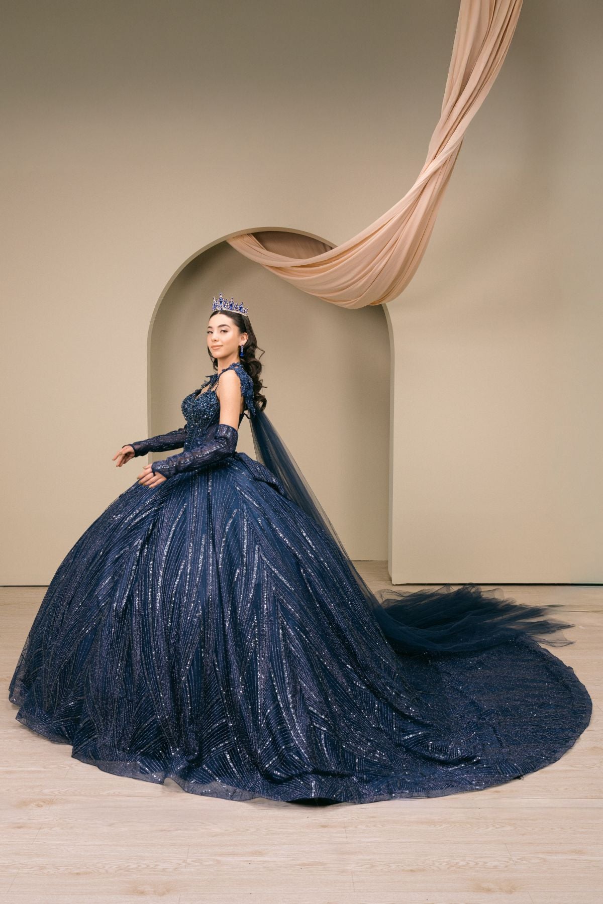 Quinceniera Dresses Long Cape Ball Gown Beaded Corset Quinceanera Dress Cinderella Couture 8510JQ Navy