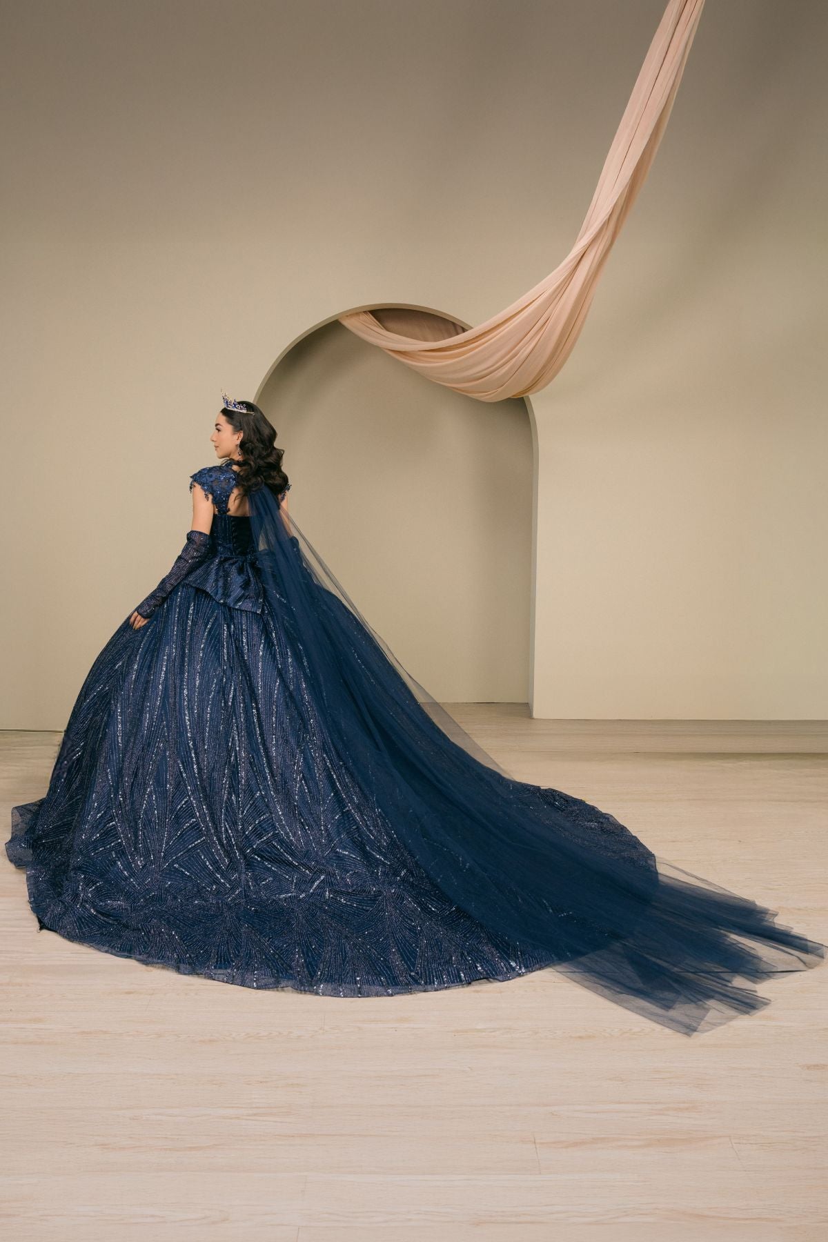 Quinceniera Dresses Long Cape Ball Gown Beaded Corset Quinceanera Dress Cinderella Couture 8510JQ Navy