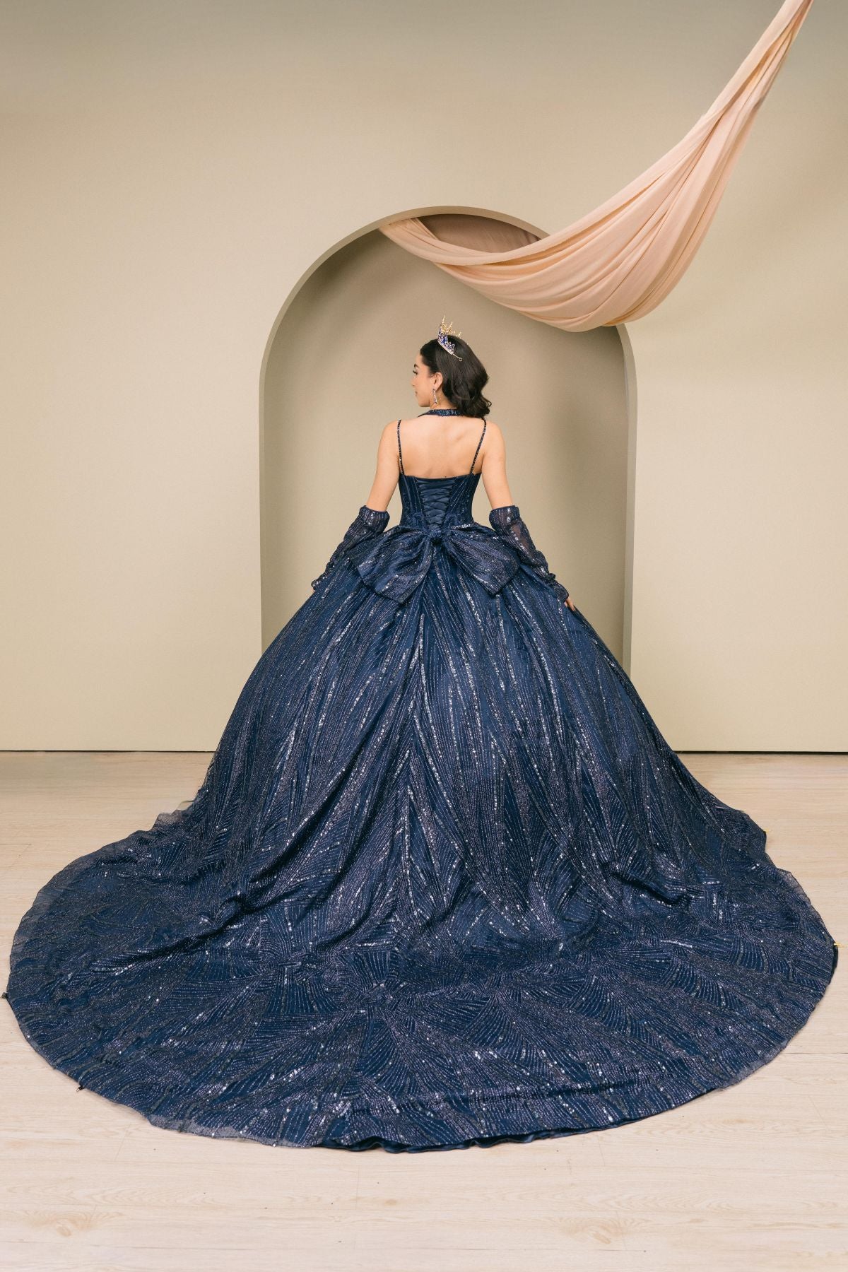 Quinceniera Dresses Long Cape Ball Gown Beaded Corset Quinceanera Dress Cinderella Couture 8510JQ Navy