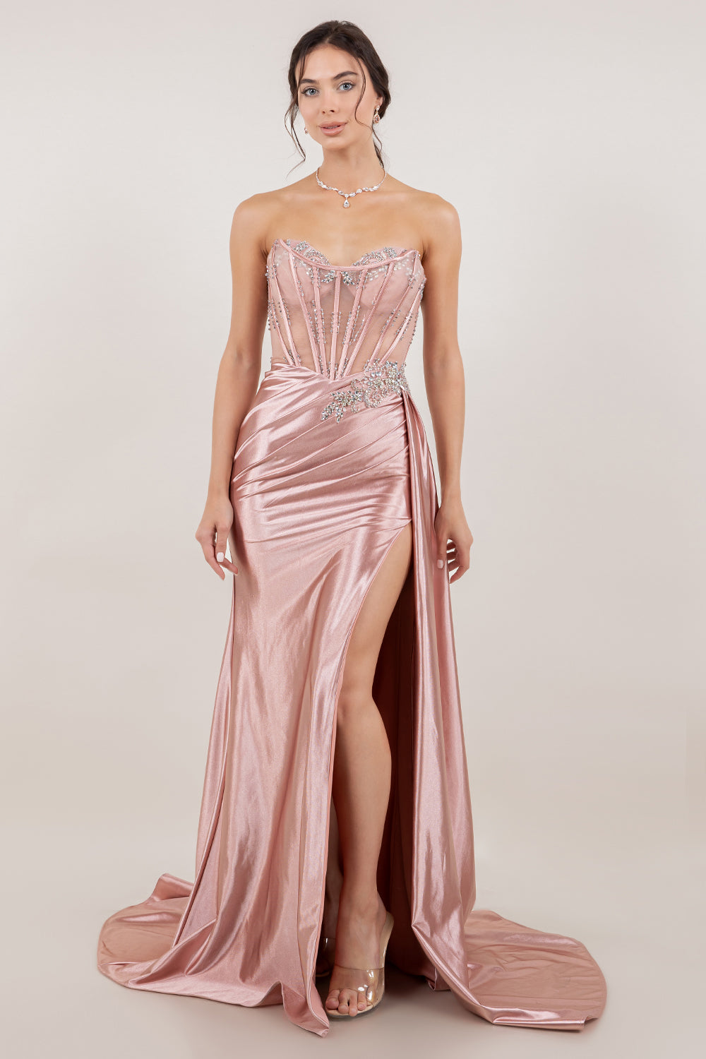Prom Dresses Beaded Corset Long Formal Prom Dress Rose