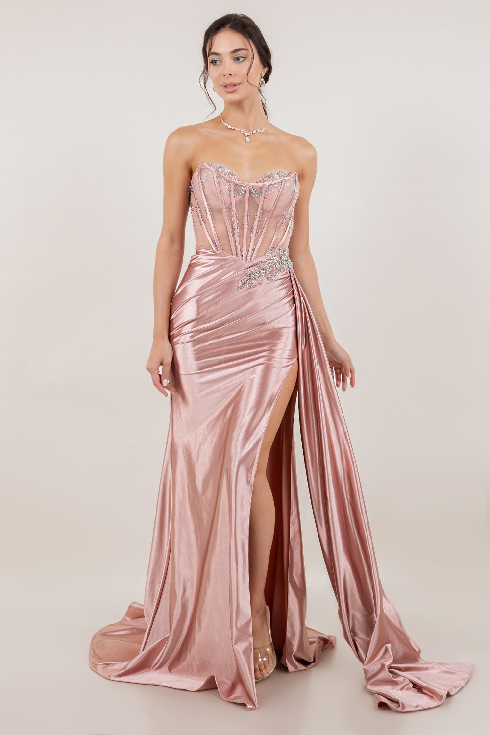 Prom Dresses Beaded Corset Long Formal Prom Dress Rose