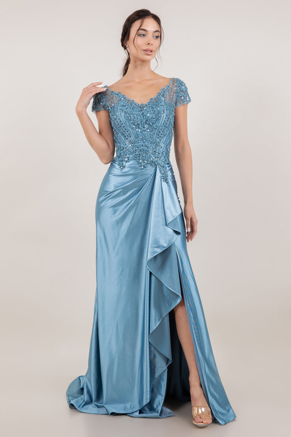 Prom Dresses Beaded Long Formal Prom Evening Dress Dusty Blue