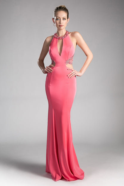 Formal Dresses Fitted Halter Formal Prom Cut Out Long Dress Coral