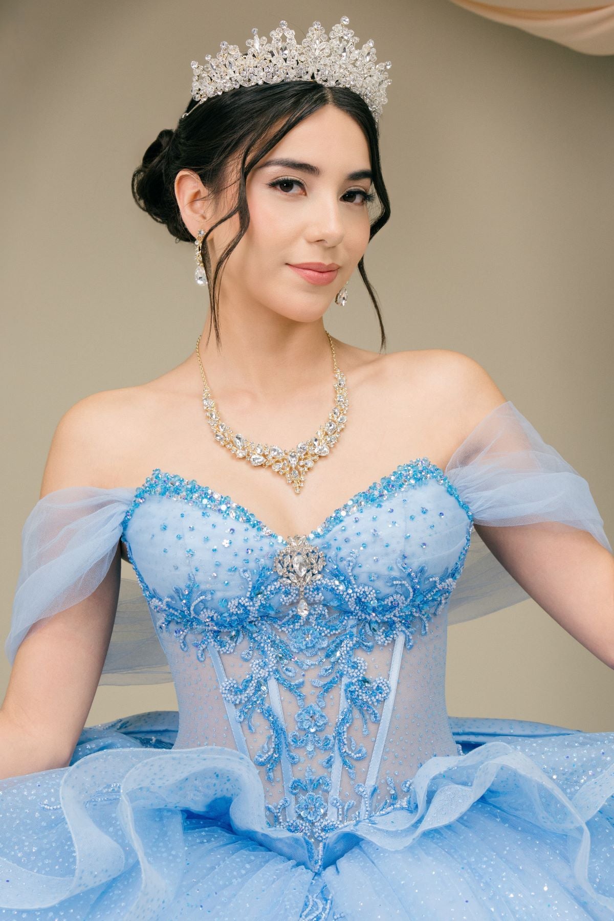 Off-the-Shoulder Floor-Length with Train Tulle Quinceañera Ball Gown Cinderella Couture 8520JQ