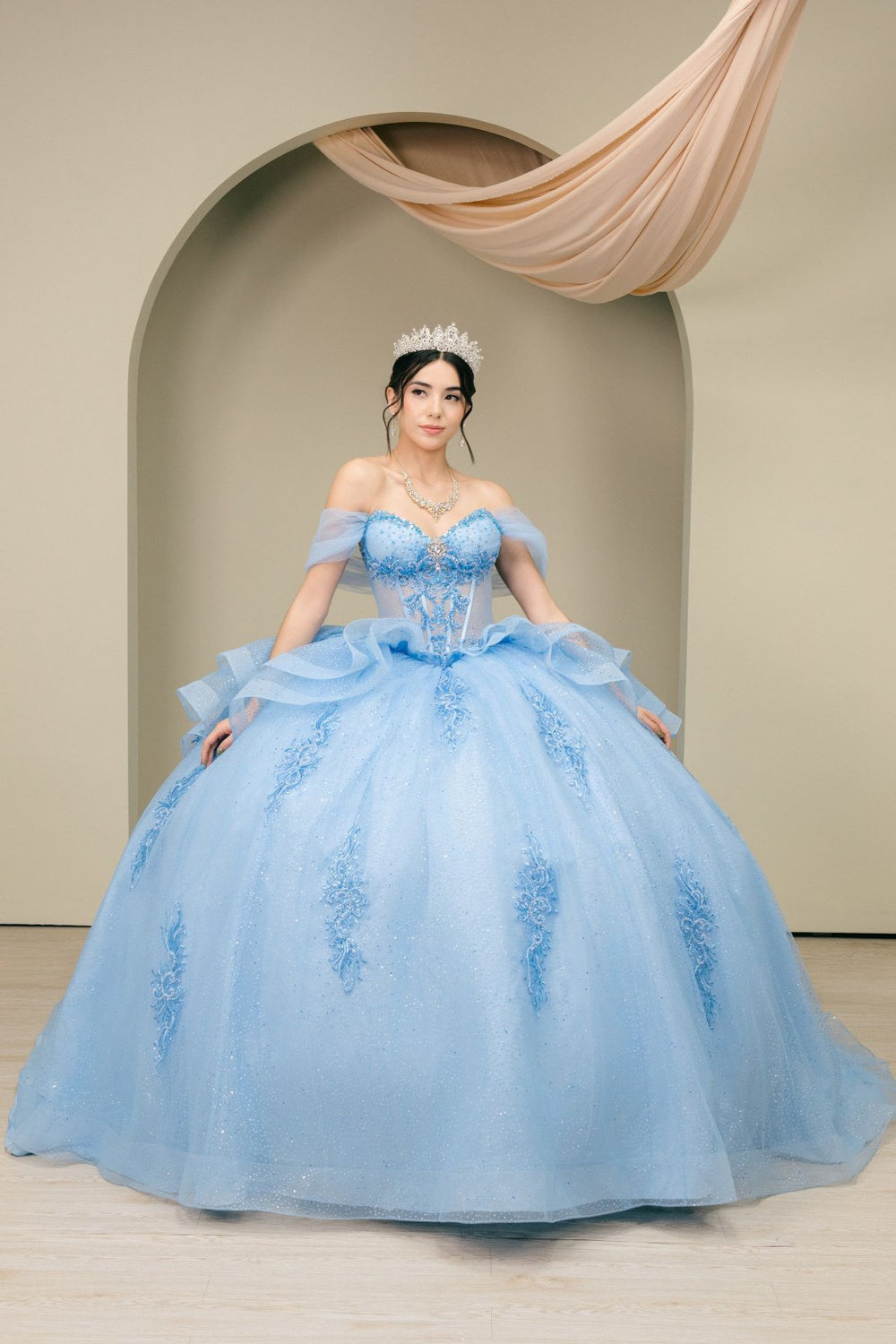 Off-the-Shoulder Floor-Length with Train Tulle Quinceañera Ball Gown Cinderella Couture 8520JQ