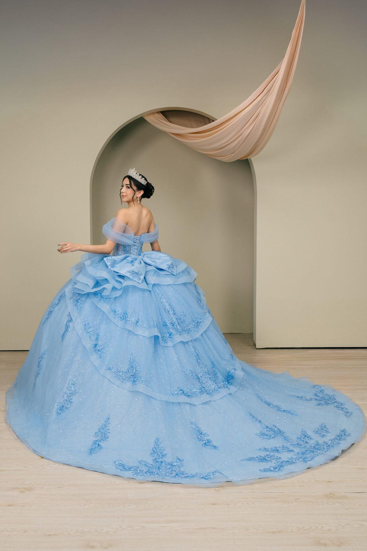 Off-the-Shoulder Floor-Length with Train Tulle Quinceañera Ball Gown Cinderella Couture 8520JQ