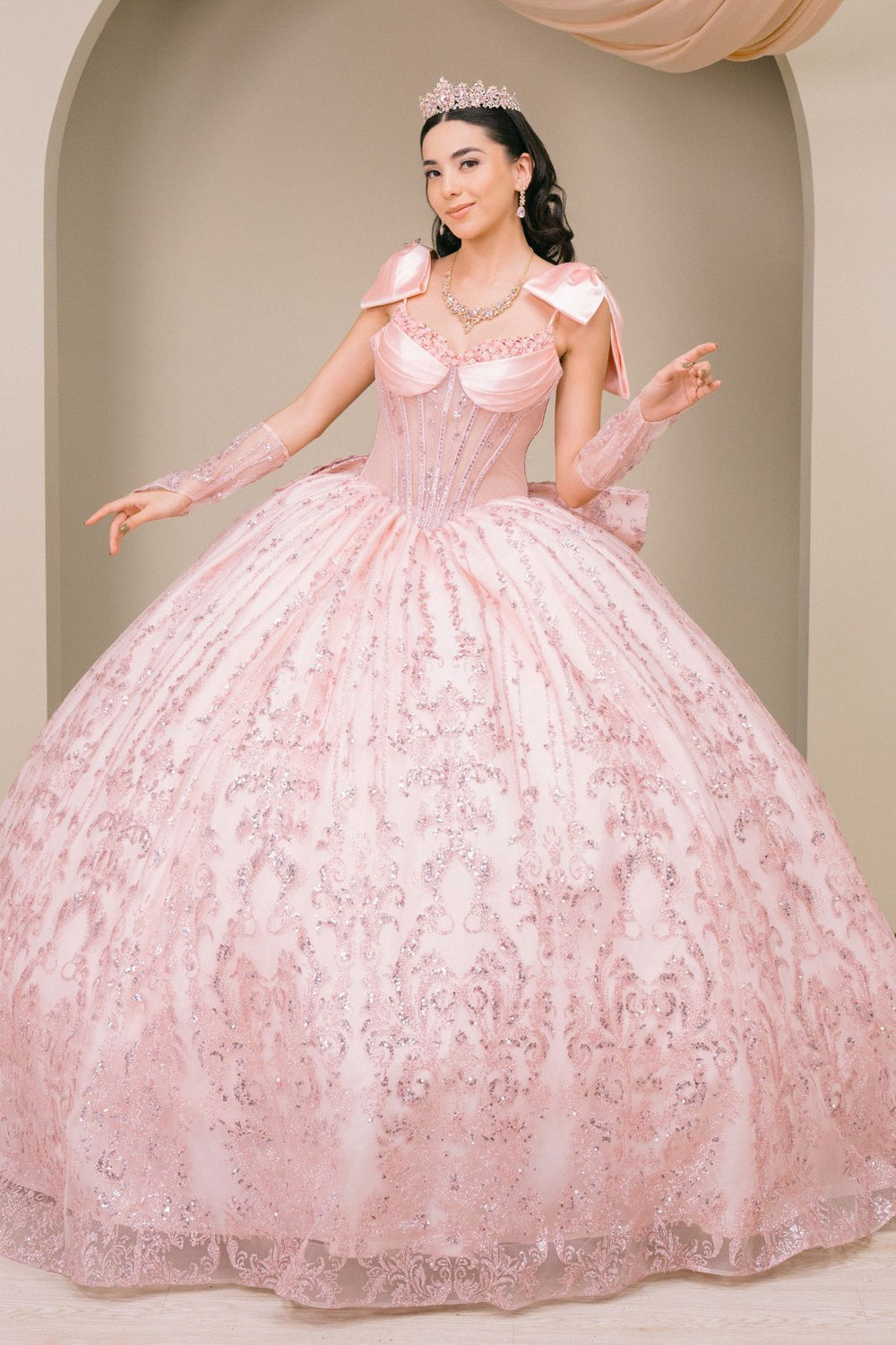 Quinceniera Dresses Corset Beaded Long Ball Gown Sequin Quinceanera Dress Cinderella Couture 8530JQ Blush