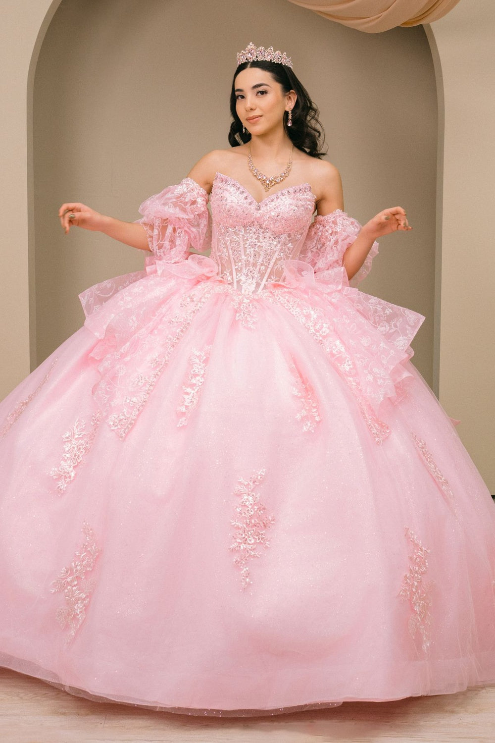 Quinceniera Dresses Long Ball Gown Corset Floral Quinceanera Dress Cinderella Couture 8535JQ Pink