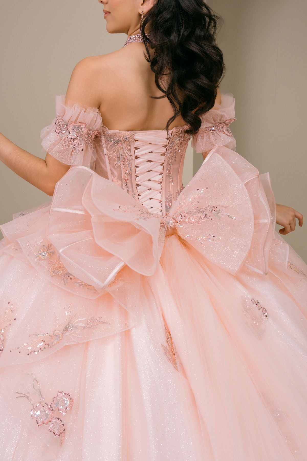 Quinceniera Dresses Floral Applique Long Corset Beaded Quinceanera Dress Cinderella Couture 8540JQ Blush