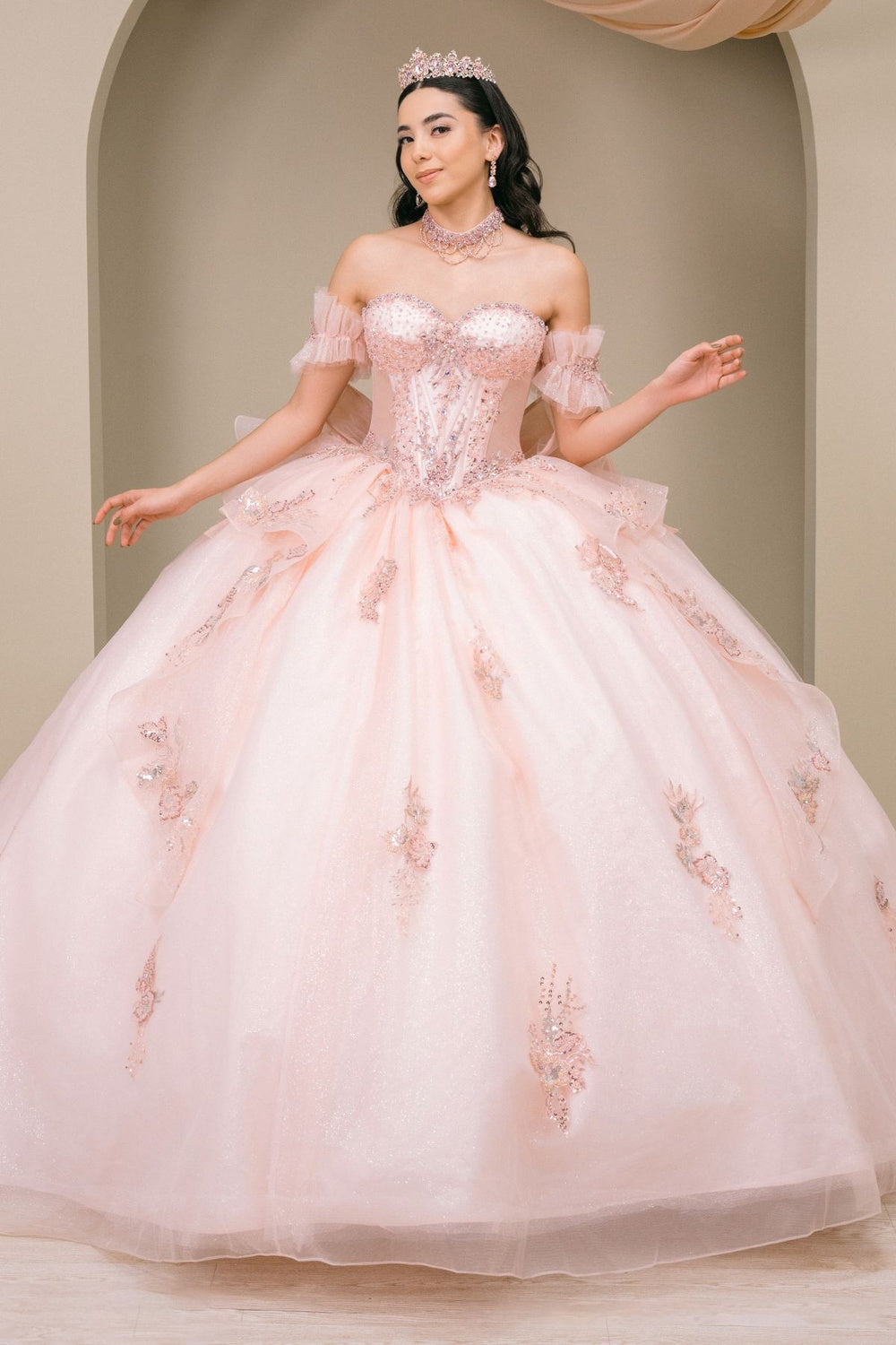 Quinceniera Dresses Floral Applique Long Corset Beaded Quinceanera Dress Cinderella Couture 8540JQ Blush