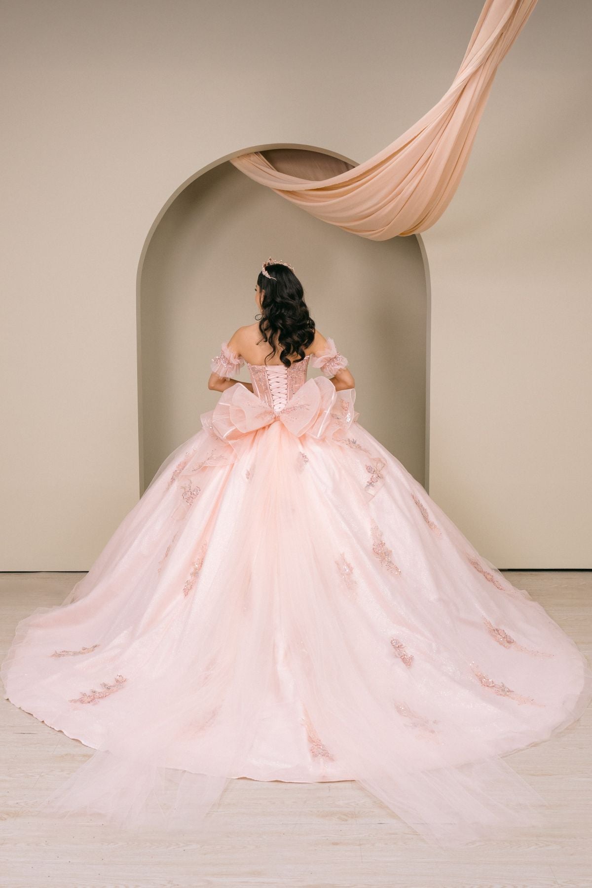 Quinceniera Dresses Floral Applique Long Corset Beaded Quinceanera Dress Cinderella Couture 8540JQ Blush