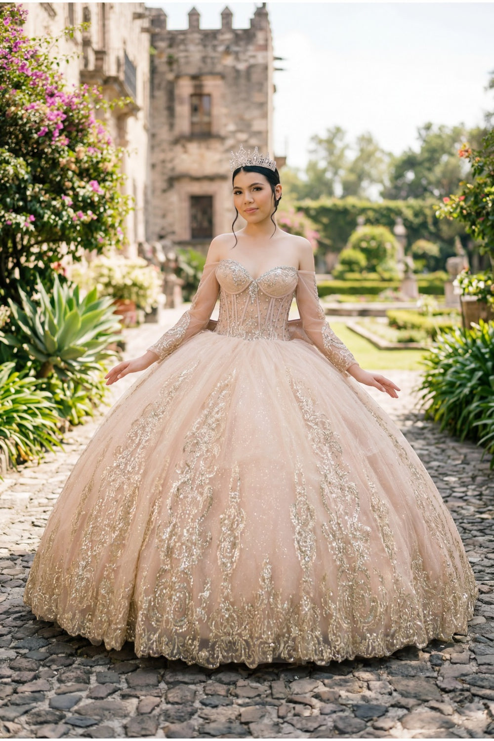 Off-the-Shoulder Floor-Length with Train Tulle Quinceañera Ball Gown Cinderella Couture 8545JQ