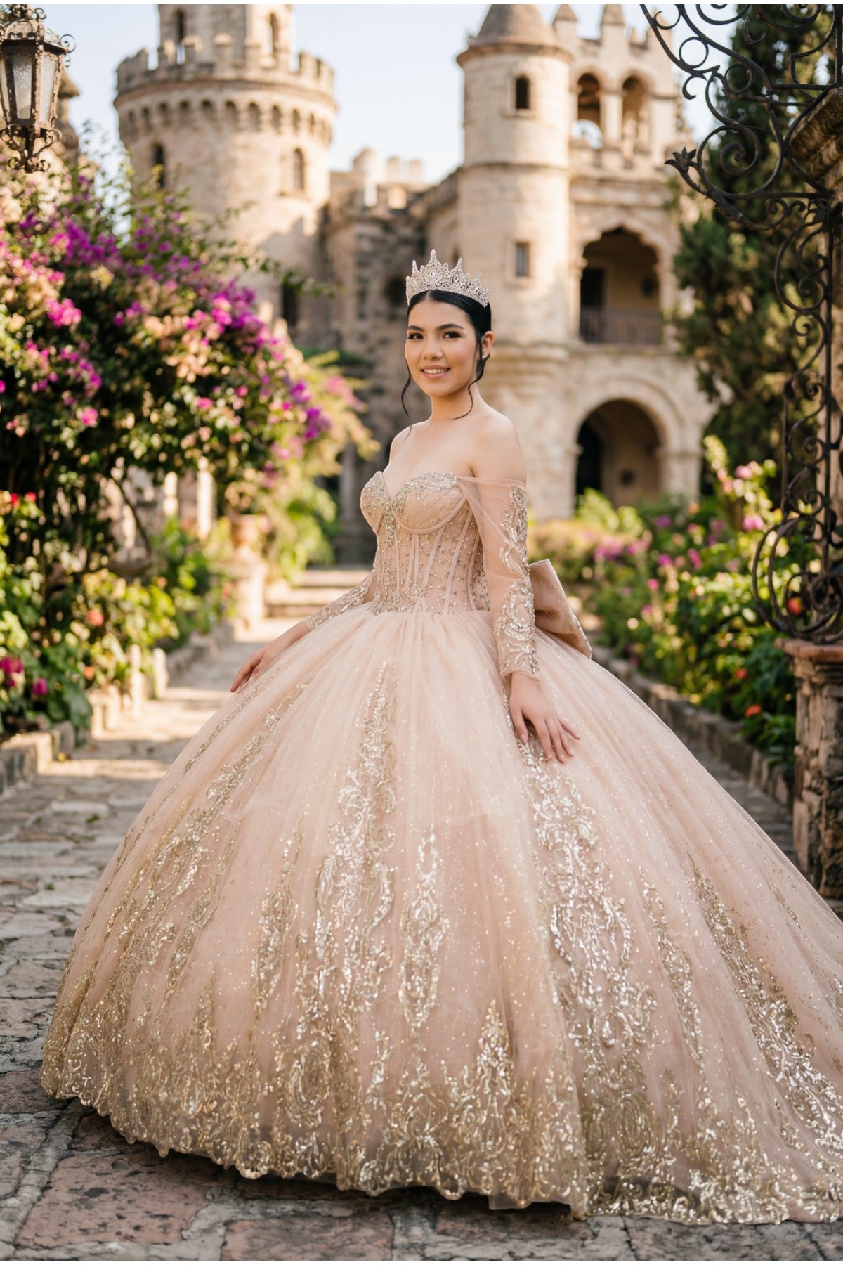 Off-the-Shoulder Floor-Length with Train Tulle Quinceañera Ball Gown Cinderella Couture 8545JQ