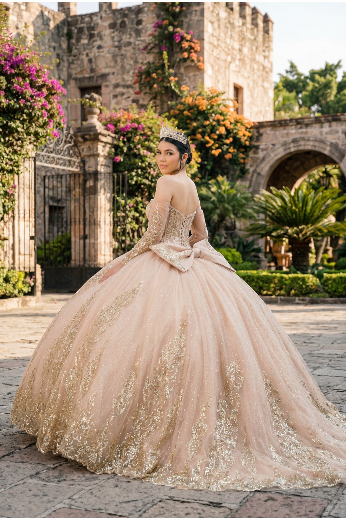 Off-the-Shoulder Floor-Length with Train Tulle Quinceañera Ball Gown Cinderella Couture 8545JQ