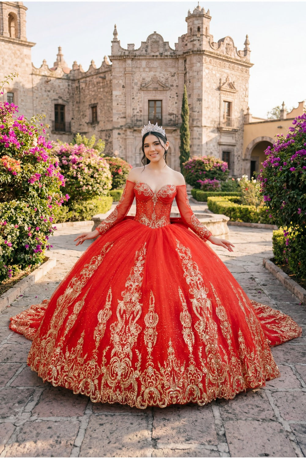 Off-the-Shoulder Floor-Length with Train Tulle Quinceañera Ball Gown Cinderella Couture 8545JQ