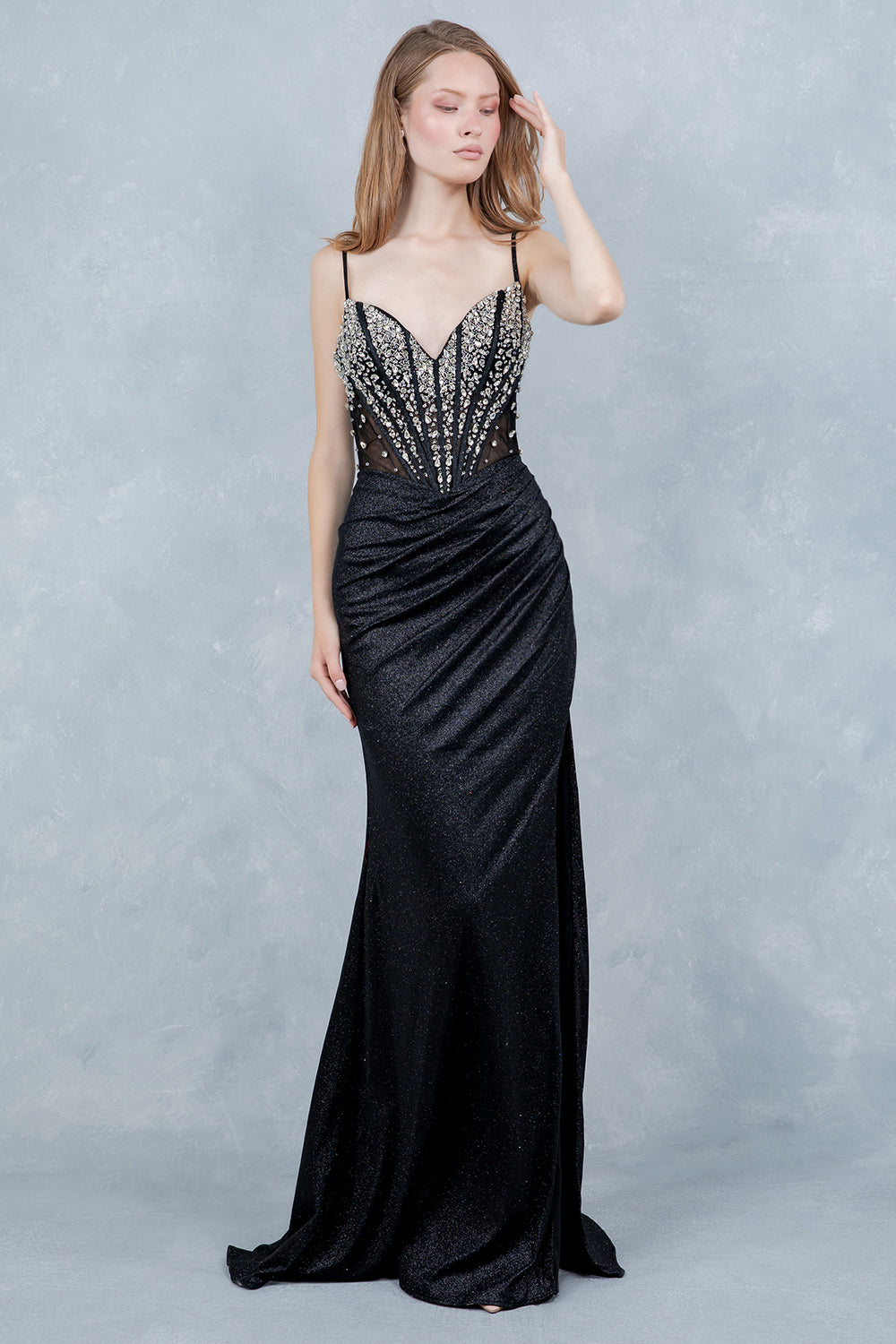 Prom Dresses Long Formal Fitted Corset Beaded Prom Dress Cinderella Couture 8562J Black
