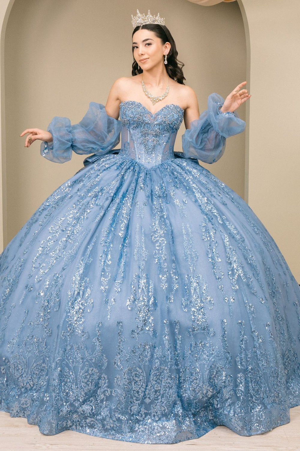 Quinceniera Dresses Long Corset Ball Gown Sequin Beaded Quinceanera Dress Cinderella Couture 8565JQ Dusty Blue