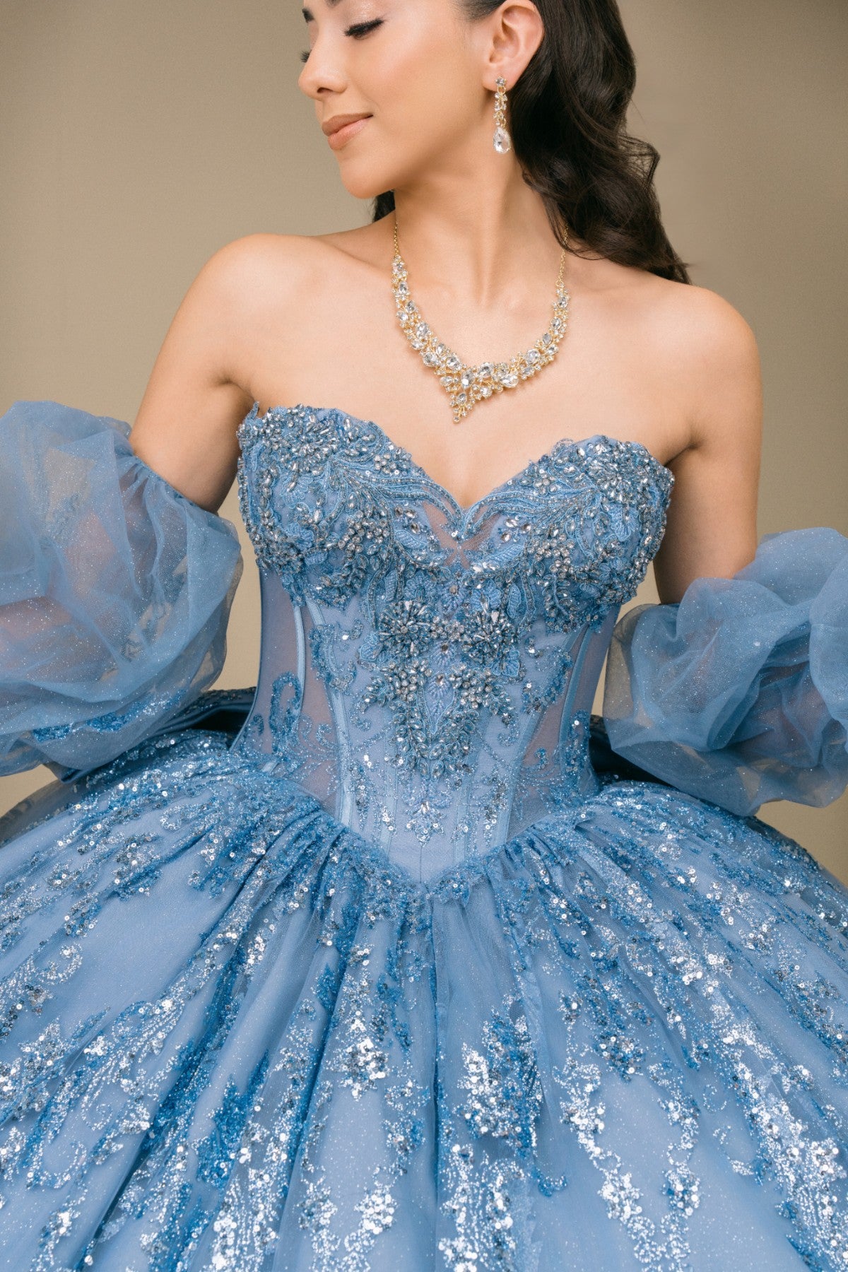 Quinceniera Dresses Long Corset Ball Gown Sequin Beaded Quinceanera Dress Cinderella Couture 8565JQ Dusty Blue