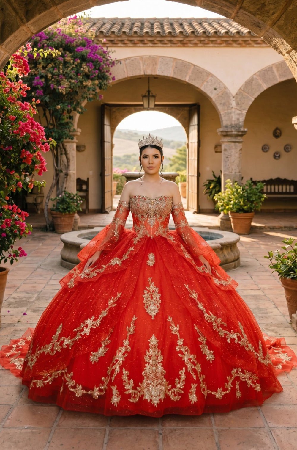 Off-the-Shoulder Floor-Length with Train Tulle Quinceañera Ball Gown Cinderella Couture 8575JQ